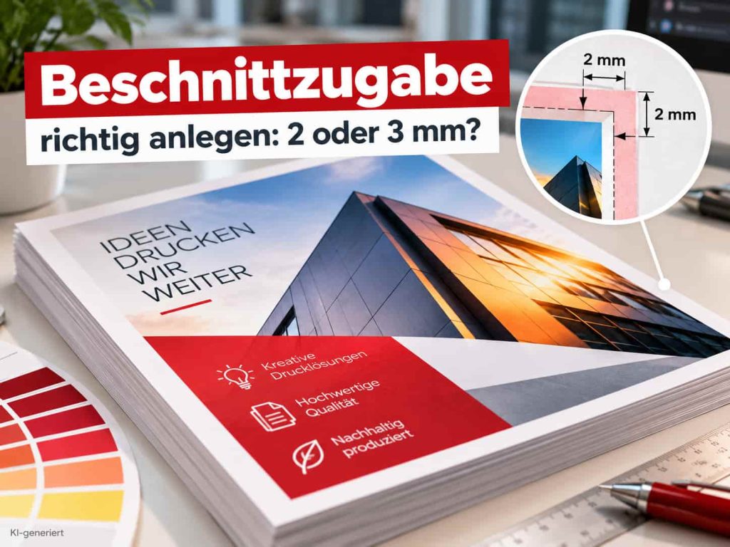 Beschnittzugabe richtig anlegen: 2 oder 3 mm? 1 Beschnittzugabe von 2 mm beim Drucken: Beispiel mit Flyer, Schnittkante und Anschnitt