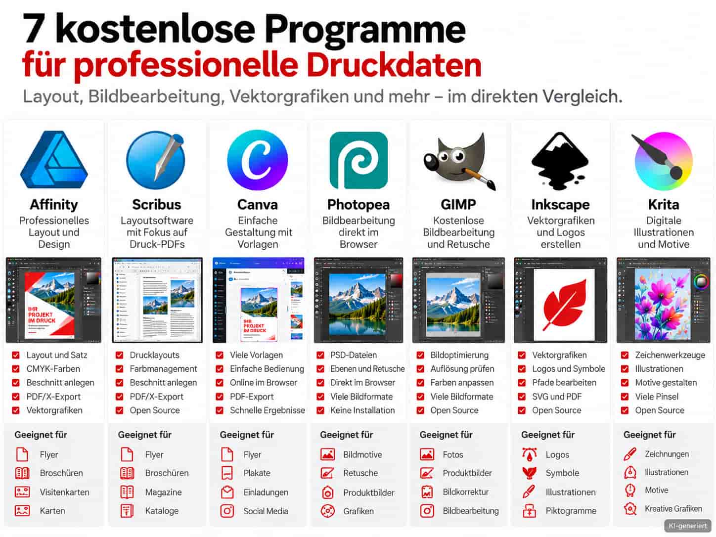 Druckdaten kostenlos erstellen: 7 Programme mit Anleitung - 7 kostenlose Grafikprogramme für Druckdaten im Vergleich Druckdaten kostenlos erstellen: 7 Programme mit Anleitung - Sieben kostenlose Grafikprogramme für Druckdaten im Vergleich: Affinity, Scribus, Canva, Photopea, GIMP, Inkscape und Krita
