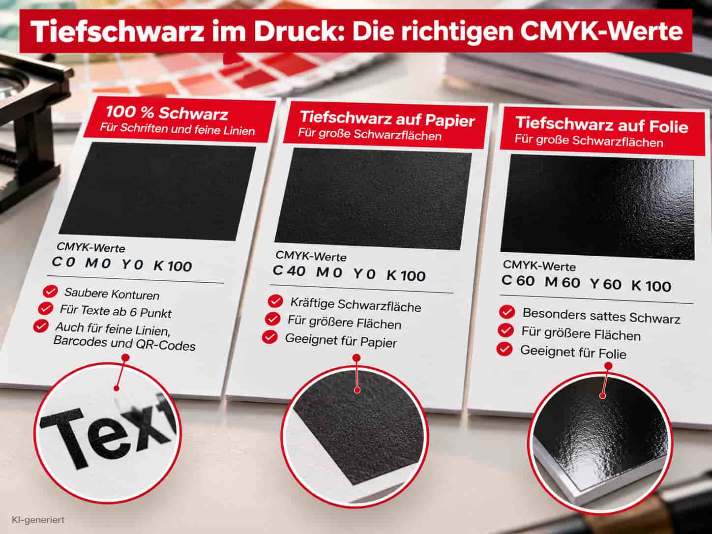 Tiefschwarz drucken: CMYK-Werte richtig einstellen - Tiefschwarz im Druck – CMYK-Werte für Papier und Folie Tiefschwarz drucken: CMYK-Werte richtig einstellen - Vergleich der CMYK-Werte für 100 % Schwarz, Tiefschwarz auf Papier und Tiefschwarz auf Folie